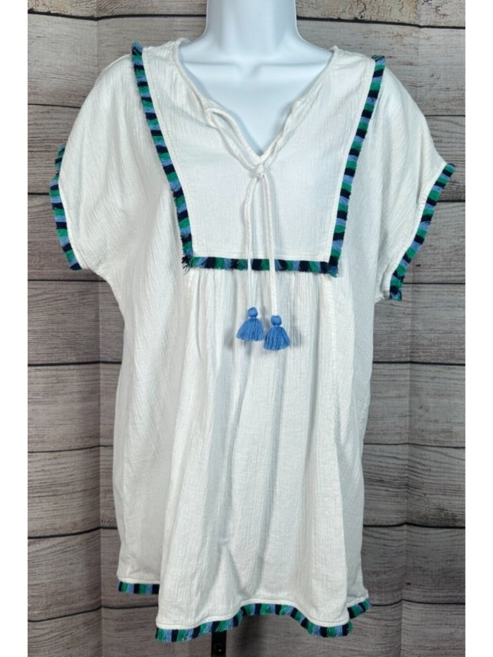 J Crew Outlet White Textured Tunic Fringe Hem Boho Small V Neck